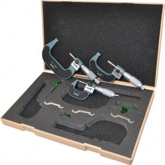 Mitutoyo - 0 to 3" Range, 3 Piece Mechanical Outside Micrometer Set - 0.0001" Graduation, 0.0001" Accuracy, Friction (0 to 2"), Ratchet Stop (2 to 3") Thimble, Carbide Tipped Face - Eagle Tool & Supply