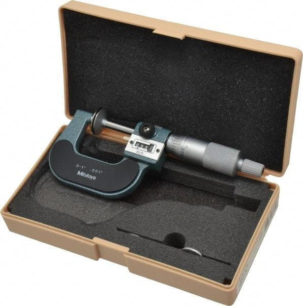Mitutoyo - 0 to 1 Inch, 0.001 Inch Graduation, Ratchet Stop Thimble, Mechanical Disc Micrometer - 0.0002 Inch Accuracy, 20mm Disc, 6.35mm Spindle - Eagle Tool & Supply