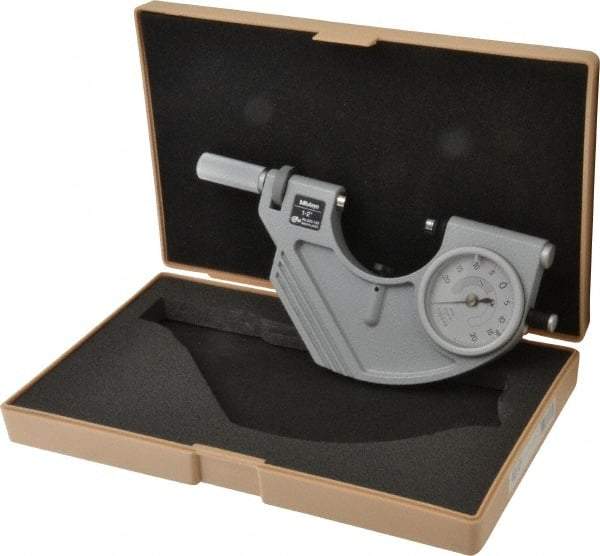 Mitutoyo - 1 to 2" Range, 0.0001" Graduation, Mechanical Outside Micrometer - Friction Thimble, Accurate to 0.00005" - Eagle Tool & Supply