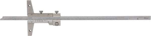 Mitutoyo - 0 to 12 Inch Measurement Range, 410mm Rule Length, 4 Inch Base Length, Vernier Depth Gage - 0.001 Inch Graduation, Accurate to 0.0015 Inch, Stainless Steel, Satin Chrome Coated - Eagle Tool & Supply
