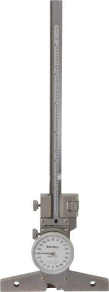 Mitutoyo - 0 to 6 Inch Range, Stainless Steel, White Dial Depth Gage - 0.001 Inch Graduation, 0.001 Inch Accuracy, 4 Inch Base Measuring Length - Eagle Tool & Supply