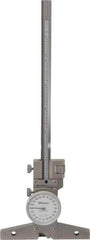 Mitutoyo - 0 to 6 Inch Range, Stainless Steel, White Dial Depth Gage - 0.001 Inch Graduation, 0.001 Inch Accuracy, 4 Inch Base Measuring Length - Eagle Tool & Supply
