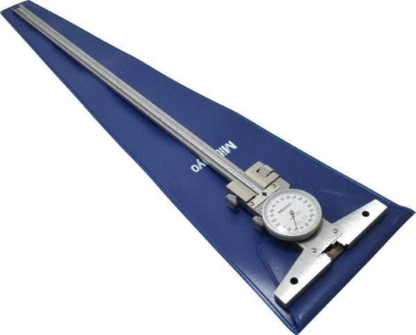 Mitutoyo - 0 to 12 Inch Range, Stainless Steel, White Dial Depth Gage - 0.0015 Inch Graduation, 0.0015 Inch Accuracy, 4 Inch Base Measuring Length - Eagle Tool & Supply