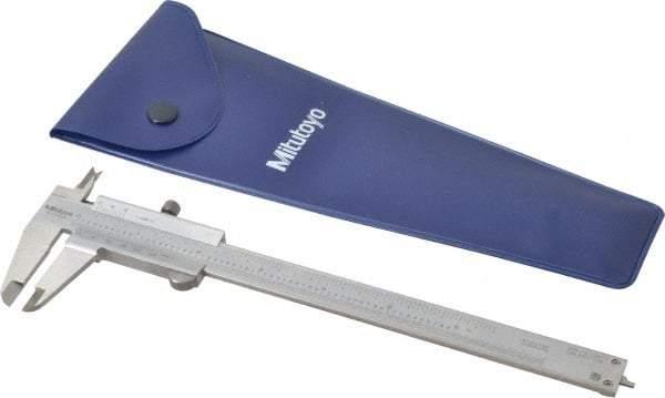 Mitutoyo - 0 to 6" Stainless Steel Vernier Caliper - 1/128" Graduation, 40mm Jaw Depth, 0.0015" Accuracy, Includes Depth Measurement Rod & Inside Diam Jaws - Eagle Tool & Supply