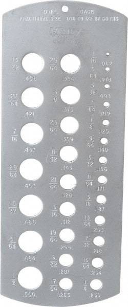 Mitutoyo - 1/16 Inch to 1/2 Inch Hole Size Drill Gage - 6-3/8 Inch Long, 2-1/2 Inch Wide, 29 Holes - Eagle Tool & Supply
