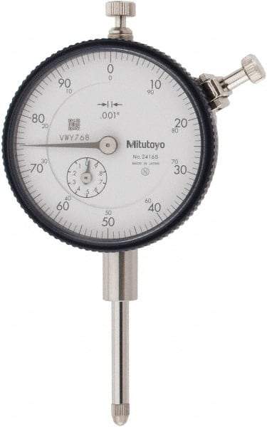 Mitutoyo - 1" Range, 0-100 Dial Reading, 0.001" Graduation Dial Drop Indicator - 2-3/16" Dial, 0.1" Range per Revolution, 0.002" Accuracy, Revolution Counter - Eagle Tool & Supply