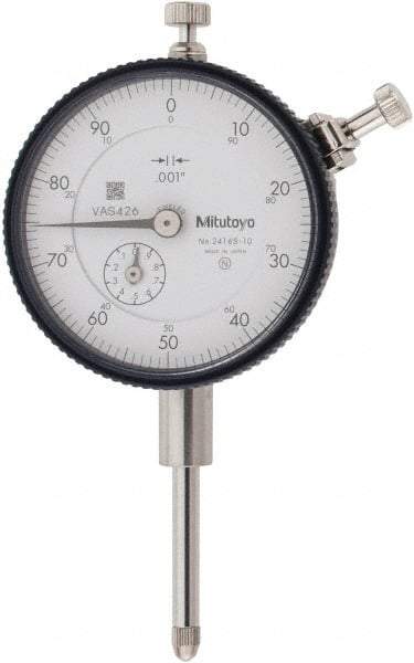 Mitutoyo - 1" Range, 0-100 Dial Reading, 0.001" Graduation Dial Drop Indicator - 2-3/16" Dial, 0.1" Range per Revolution, 0.002" Accuracy, Revolution Counter - Eagle Tool & Supply