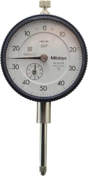 Mitutoyo - 1" Range, 0-50-0 Dial Reading, 0.001" Graduation Dial Drop Indicator - 2-1/4" Dial, 0.1" Range per Revolution, 0.002" Accuracy, Revolution Counter - Eagle Tool & Supply