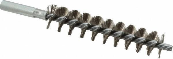 Schaefer Brush - 4" Brush Length, 7/8" Diam, Double Stem, Single Spiral Tube Brush - 6-1/4" Long, Stainless Steel, 12-24 Female Connection - Eagle Tool & Supply