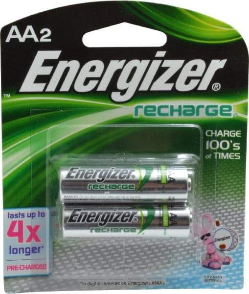 Energizer - Size AA, NiMH, 2 Pack, Standard Battery - 1.2 Volts, Flat Terminal, ANSI Regulated - Eagle Tool & Supply