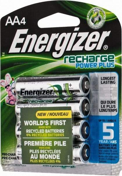 Energizer - Size AA, NiMH, 4 Pack, Standard Battery - 1.2 Volts, Flat Terminal, ANSI Regulated - Eagle Tool & Supply