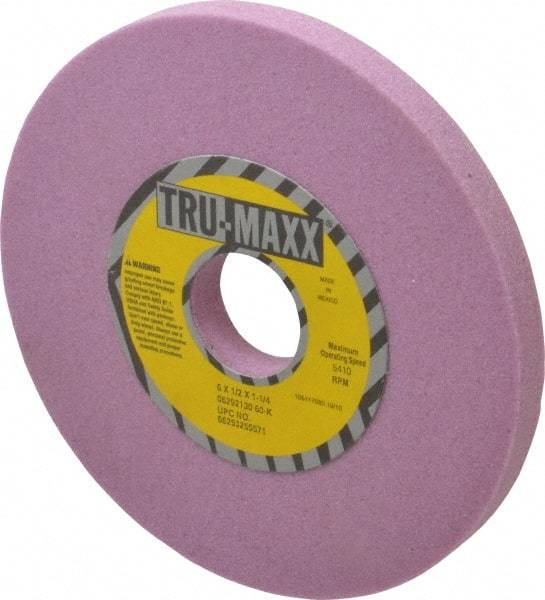 Tru-Maxx - 6" Diam x 1-1/4" Hole x 1/2" Thick, K Hardness, 60 Grit Surface Grinding Wheel - Aluminum Oxide, Type 1, Medium Grade, 5,410 Max RPM, Vitrified Bond, No Recess - Eagle Tool & Supply