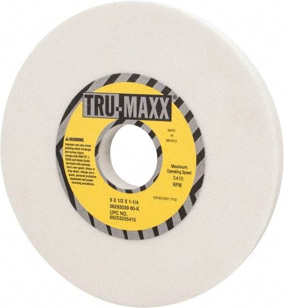 Tru-Maxx - 6" Diam x 1-1/4" Hole x 1/2" Thick, K Hardness, 80 Grit Surface Grinding Wheel - Aluminum Oxide, Type 1, Medium Grade, 5,410 Max RPM, Vitrified Bond, No Recess - Eagle Tool & Supply