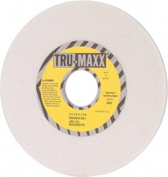 Tru-Maxx - 6" Diam x 1-1/4" Hole x 1/4" Thick, I Hardness, 60 Grit Surface Grinding Wheel - Aluminum Oxide, Type 1, Medium Grade, 5,410 Max RPM, Vitrified Bond, No Recess - Eagle Tool & Supply
