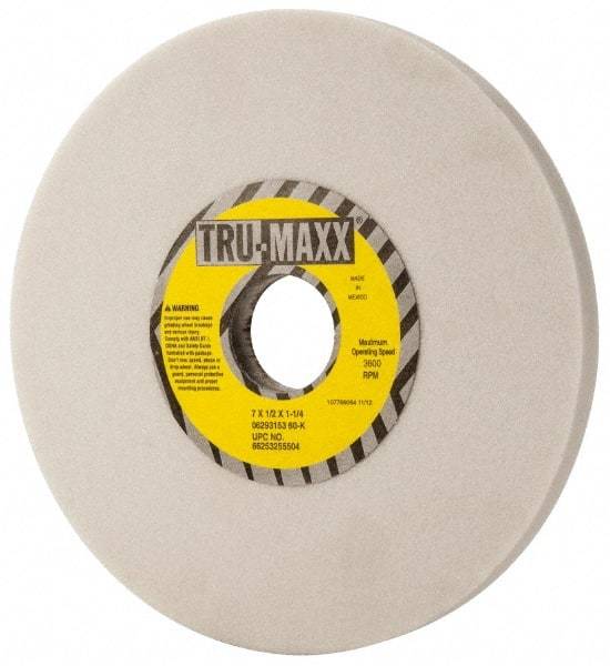 Tru-Maxx - 7" Diam x 1-1/4" Hole x 1/2" Thick, K Hardness, 60 Grit Surface Grinding Wheel - Aluminum Oxide, Type 1, Medium Grade, 3,600 Max RPM, Vitrified Bond, No Recess - Eagle Tool & Supply