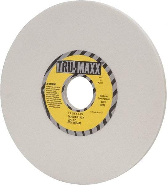 Tru-Maxx - 7" Diam x 1-1/4" Hole x 1/4" Thick, K Hardness, 100 Grit Surface Grinding Wheel - Aluminum Oxide, Type 1, Fine Grade, 3,600 Max RPM, Vitrified Bond, No Recess - Eagle Tool & Supply