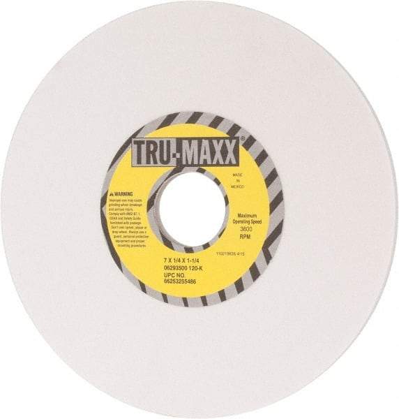 Tru-Maxx - 7" Diam x 1-1/4" Hole x 1/4" Thick, K Hardness, 120 Grit Surface Grinding Wheel - Aluminum Oxide, Type 1, Fine Grade, 3,600 Max RPM, Vitrified Bond, No Recess - Eagle Tool & Supply