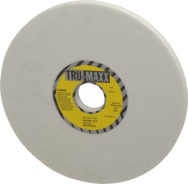 Tru-Maxx - 8" Diam x 1-1/4" Hole x 1/2" Thick, K Hardness, 80 Grit Surface Grinding Wheel - Aluminum Oxide, Type 1, Medium Grade, 3,600 Max RPM, Vitrified Bond, No Recess - Eagle Tool & Supply