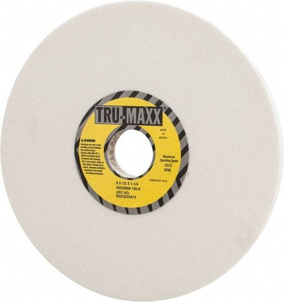 Tru-Maxx - 8" Diam x 1-1/4" Hole x 1/2" Thick, K Hardness, 100 Grit Surface Grinding Wheel - Aluminum Oxide, Type 1, Fine Grade, 3,600 Max RPM, Vitrified Bond, No Recess - Eagle Tool & Supply