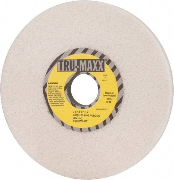Tru-Maxx - 7" Diam x 1-1/4" Hole x 1/2" Thick, G Hardness, 60 Grit Surface Grinding Wheel - Aluminum Oxide, Type 1, Medium Grade, 3,600 Max RPM, Vitrified Bond, No Recess - Eagle Tool & Supply