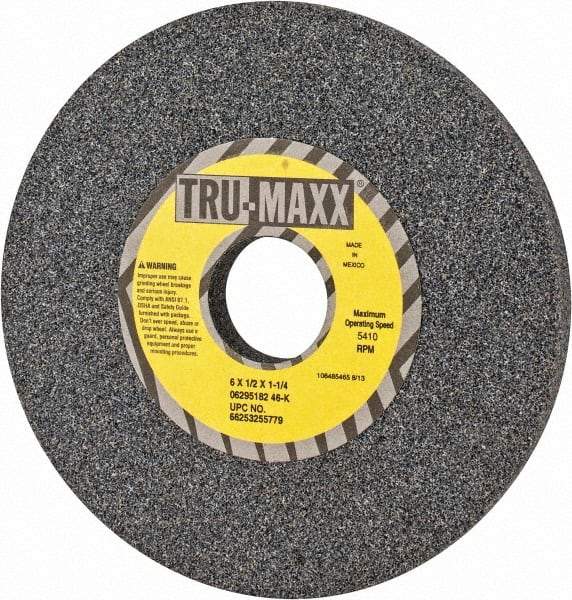 Tru-Maxx - 6" Diam x 1-1/4" Hole x 1/2" Thick, K Hardness, 46 Grit Surface Grinding Wheel - Aluminum Oxide, Type 1, Coarse Grade, 5,410 Max RPM, Vitrified Bond, No Recess - Eagle Tool & Supply
