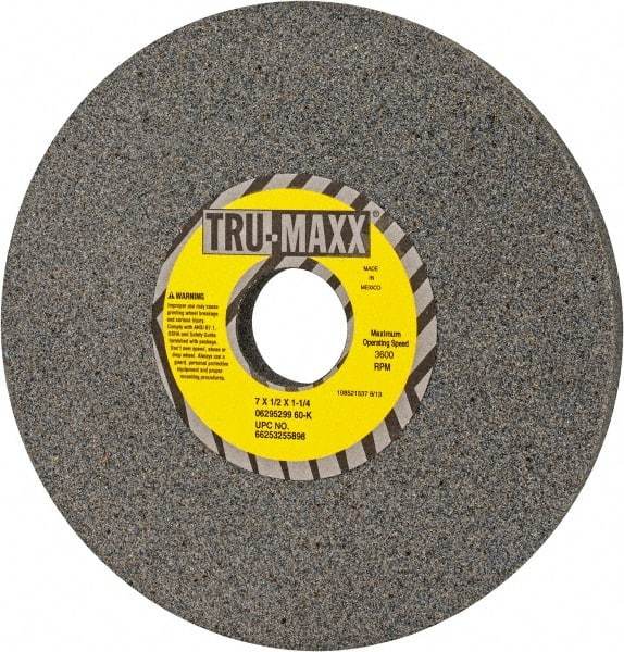 Tru-Maxx - 7" Diam x 1-1/4" Hole x 1/2" Thick, K Hardness, 60 Grit Surface Grinding Wheel - Aluminum Oxide, Type 1, Medium Grade, 3,600 Max RPM, Vitrified Bond, No Recess - Eagle Tool & Supply