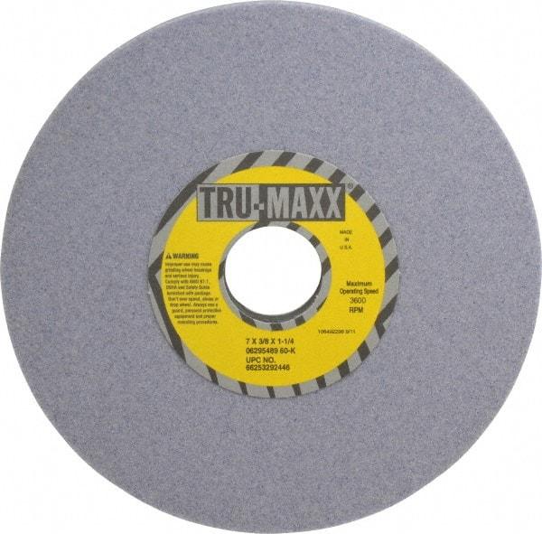 Tru-Maxx - 7" Diam x 1-1/4" Hole x 3/8" Thick, K Hardness, 60 Grit Surface Grinding Wheel - Aluminum Oxide, Type 1, Medium Grade, 3,600 Max RPM, Vitrified Bond, No Recess - Eagle Tool & Supply