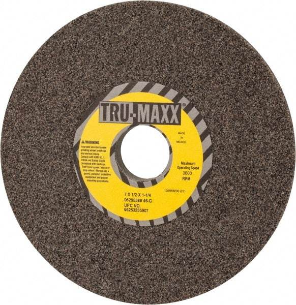 Tru-Maxx - 7" Diam x 1-1/4" Hole x 1/2" Thick, G Hardness, 46 Grit Surface Grinding Wheel - Aluminum Oxide, Type 1, Coarse Grade, 3,600 Max RPM, Vitrified Bond, No Recess - Eagle Tool & Supply