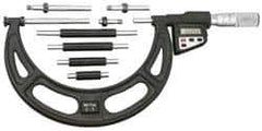 Starrett - 16 to 20" Range, 0.0001" Resolution, Standard Throat, Electronic Outside Micrometer - 0.0004" Accuracy, Friction Thimble, Micro Lapped Carbide Face, CR2450 Battery, Data Output, Includes 3V Battery - Eagle Tool & Supply