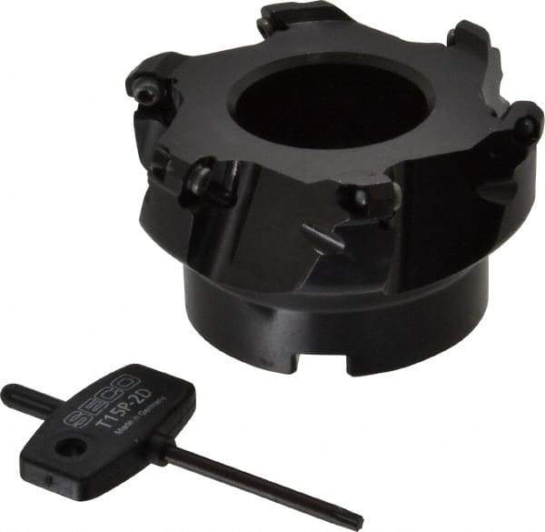Seco - 3.15" Cut Diam, 1" Arbor Hole, 0.138" Max Depth of Cut, 43° Indexable Chamfer & Angle Face Mill - 6 Inserts, OF.. 05T305 Insert, Right Hand Cut, 6 Flutes, Series R220.43 - Eagle Tool & Supply