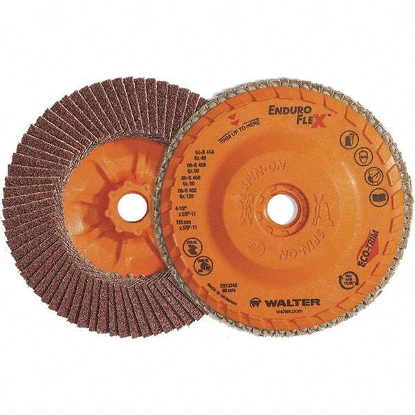 WALTER Surface Technologies - 60 Grit, 7" Disc Diam, 7/8" Center Hole, Zirconia Alumina Flap Disc - 8,600 Max RPM, Plastic Backing, Arbor Attaching System, Coated - Eagle Tool & Supply