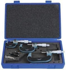 Fowler - 0 to 3" Range, 3 Piece Mechanical Outside Micrometer Set - 0.0001" Graduation, 0.00005 (0 to 1), 0.0001 (1 to 3)" Accuracy, Ratchet Stop Thimble, Carbide Tipped Face - Eagle Tool & Supply