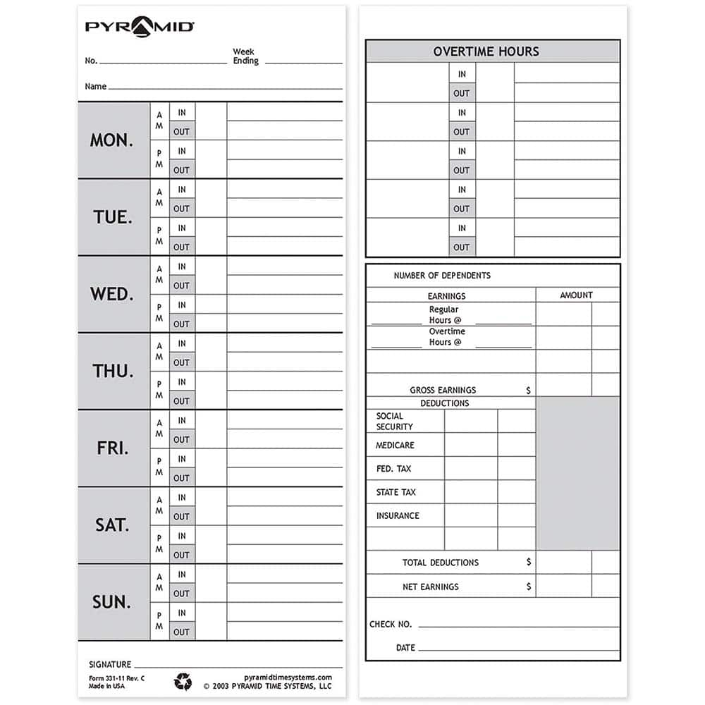 Pyramid - Time Cards & Time Clock Accessories Type: Weekly Time Cards For Use With: PTI - M-1000 Time Recorder - Eagle Tool & Supply