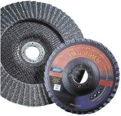 Norton - 80 Grit, 7" Disc Diam, 5/8-11 Center Hole, Type 29 Ceramic Flap Disc - 8,600 Max RPM, Fiberglass Backing, Arbor Attaching System, Coated - Eagle Tool & Supply
