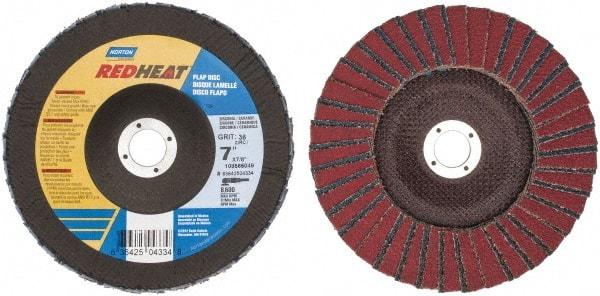 Norton - 36 Grit, 7" Disc Diam, 7/8" Center Hole, Type 29 Ceramic Flap Disc - 8,600 Max RPM, Fiberglass Backing, Arbor Attaching System, Coated - Eagle Tool & Supply