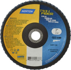 Norton - 120 Grit, 7" Disc Diam, 7/8" Center Hole, Type 29 Ceramic Flap Disc - 8,600 Max RPM, Fiberglass Backing, Arbor Attaching System, Coated - Eagle Tool & Supply