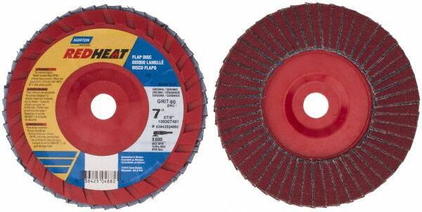 Norton - 60 Grit, 7" Disc Diam, 7/8" Center Hole, Type 27 Ceramic Flap Disc - 8,600 Max RPM, Plastic Backing, Arbor Attaching System, Coated - Eagle Tool & Supply