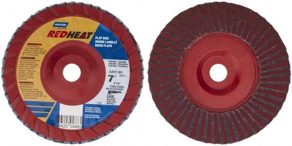 Norton - 80 Grit, 7" Disc Diam, 7/8" Center Hole, Type 27 Ceramic Flap Disc - 8,600 Max RPM, Plastic Backing, Arbor Attaching System, Coated - Eagle Tool & Supply