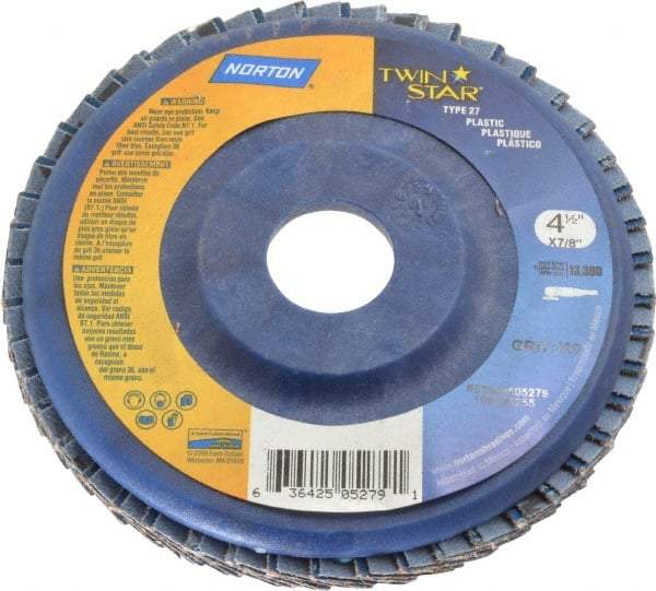 Norton - 120 Grit, 4-1/2" Disc Diam, 7/8" Center Hole, Type 27 Ceramic Flap Disc - 13,000 Max RPM, Plastic Backing, Arbor Attaching System, Coated - Eagle Tool & Supply