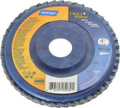 Norton - 120 Grit, 4-1/2" Disc Diam, 7/8" Center Hole, Type 27 Ceramic Flap Disc - 13,000 Max RPM, Plastic Backing, Arbor Attaching System, Coated - Eagle Tool & Supply