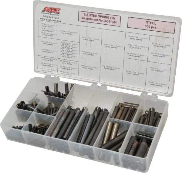 Made in USA - 300 Piece, 1/16 to 3/8" Pin Diam, Spring Pin Assortment - Steel - Eagle Tool & Supply