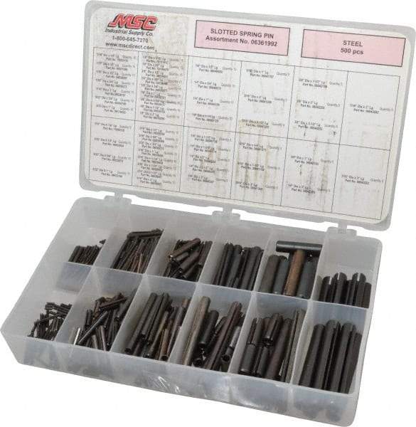 Made in USA - 500 Piece, 1/16 to 7/16" Pin Diam, Spring Pin Assortment - Steel - Eagle Tool & Supply
