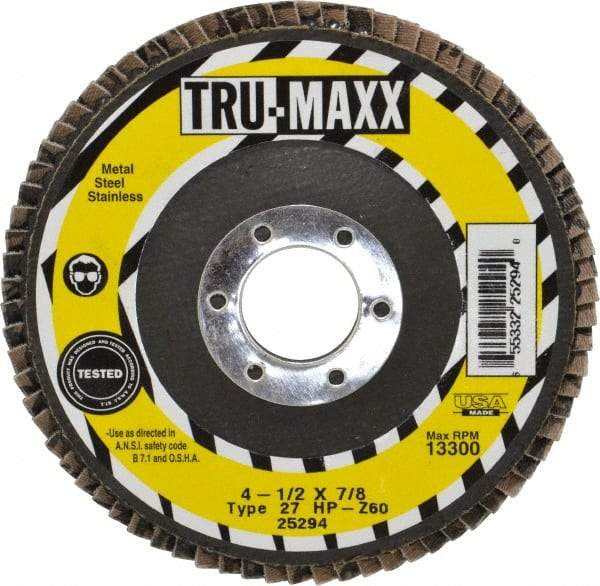 Tru-Maxx - 60 Grit, 4-1/2" Disc Diam, 7/8" Center Hole, Type 27 Zirconia Alumina Flap Disc - 13,300 Max RPM, Arbor Attaching System, Coated - Eagle Tool & Supply