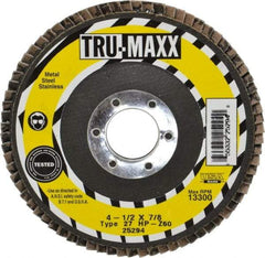 Tru-Maxx - 60 Grit, 4-1/2" Disc Diam, 7/8" Center Hole, Type 27 Zirconia Alumina Flap Disc - 13,300 Max RPM, Arbor Attaching System, Coated - Eagle Tool & Supply