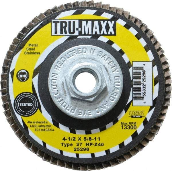 Tru-Maxx - 40 Grit, 4-1/2" Disc Diam, 5/8-11 Center Hole, Type 27 Zirconia Alumina Flap Disc - 13,300 Max RPM, Arbor Attaching System, Coated - Eagle Tool & Supply