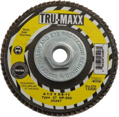 Tru-Maxx - 60 Grit, 4-1/2" Disc Diam, 5/8-11 Center Hole, Type 27 Zirconia Alumina Flap Disc - 13,300 Max RPM, Arbor Attaching System, Coated - Eagle Tool & Supply