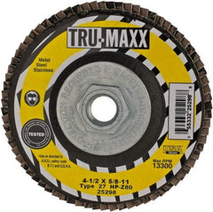 Tru-Maxx - 80 Grit, 4-1/2" Disc Diam, 5/8-11 Center Hole, Type 27 Zirconia Alumina Flap Disc - 13,300 Max RPM, Arbor Attaching System, Coated - Eagle Tool & Supply