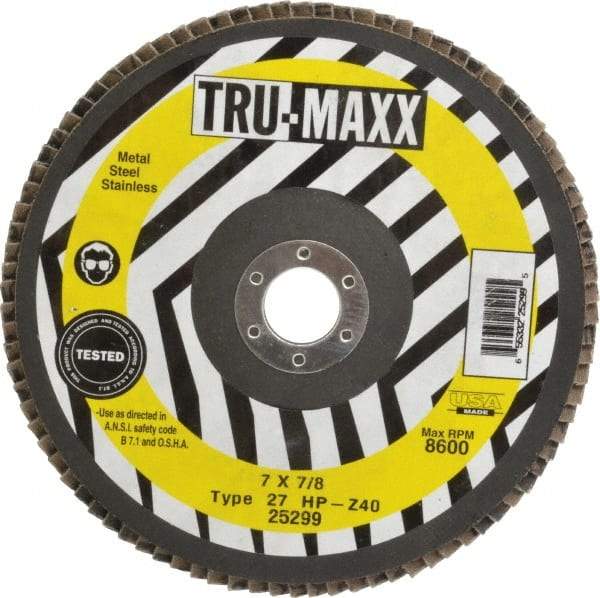 Tru-Maxx - 40 Grit, 7" Disc Diam, 7/8" Center Hole, Type 27 Zirconia Alumina Flap Disc - 8,600 Max RPM, Arbor Attaching System, Coated - Eagle Tool & Supply