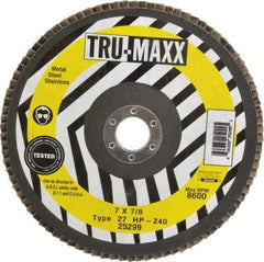 Tru-Maxx - 40 Grit, 7" Disc Diam, 7/8" Center Hole, Type 27 Zirconia Alumina Flap Disc - 8,600 Max RPM, Arbor Attaching System, Coated - Eagle Tool & Supply