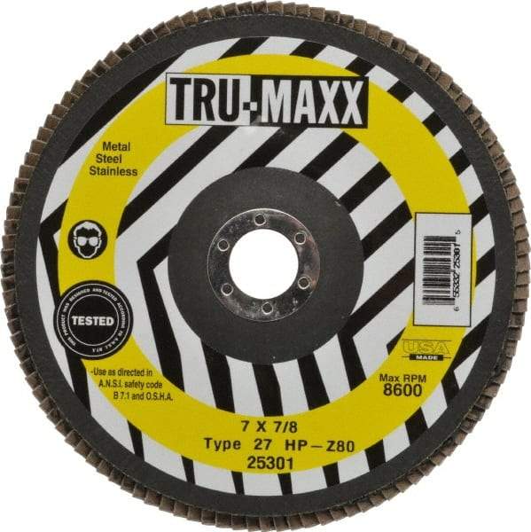 Tru-Maxx - 80 Grit, 7" Disc Diam, 7/8" Center Hole, Type 27 Zirconia Alumina Flap Disc - 8,600 Max RPM, Arbor Attaching System, Coated - Eagle Tool & Supply